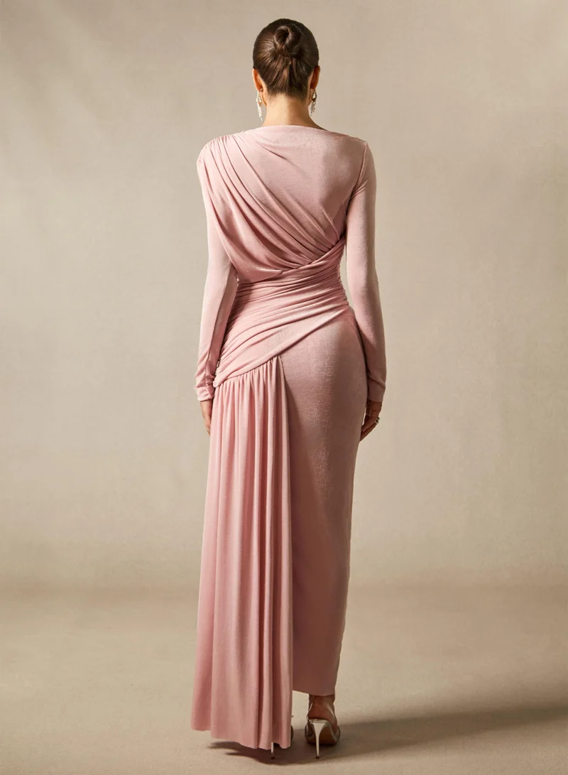 سنفير فستان ماكسي كيسي بياقة غير متماثلة وتفاصيل مكشكشة